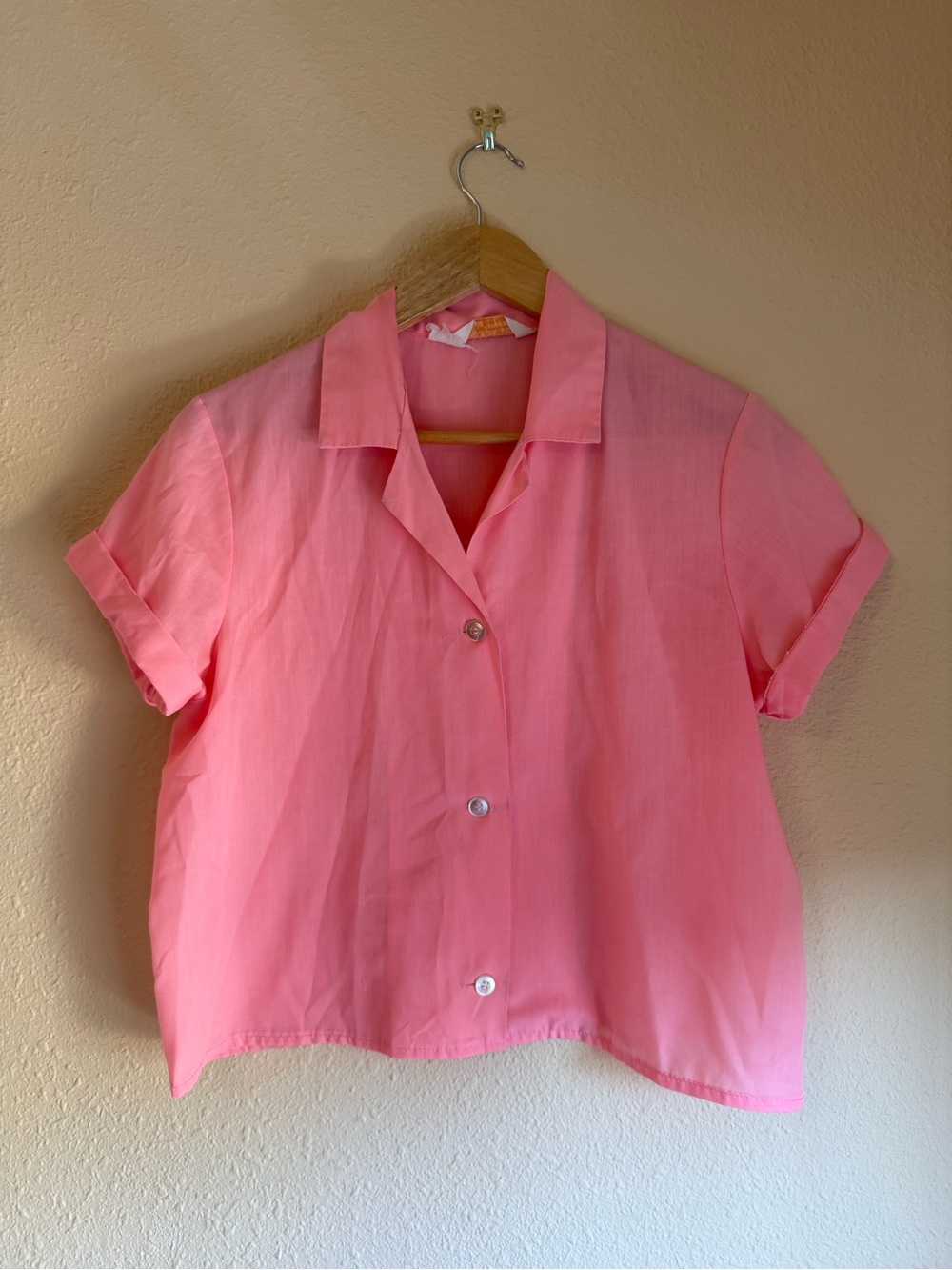 Vintage Short-Sleeve Button Front Top - Pink